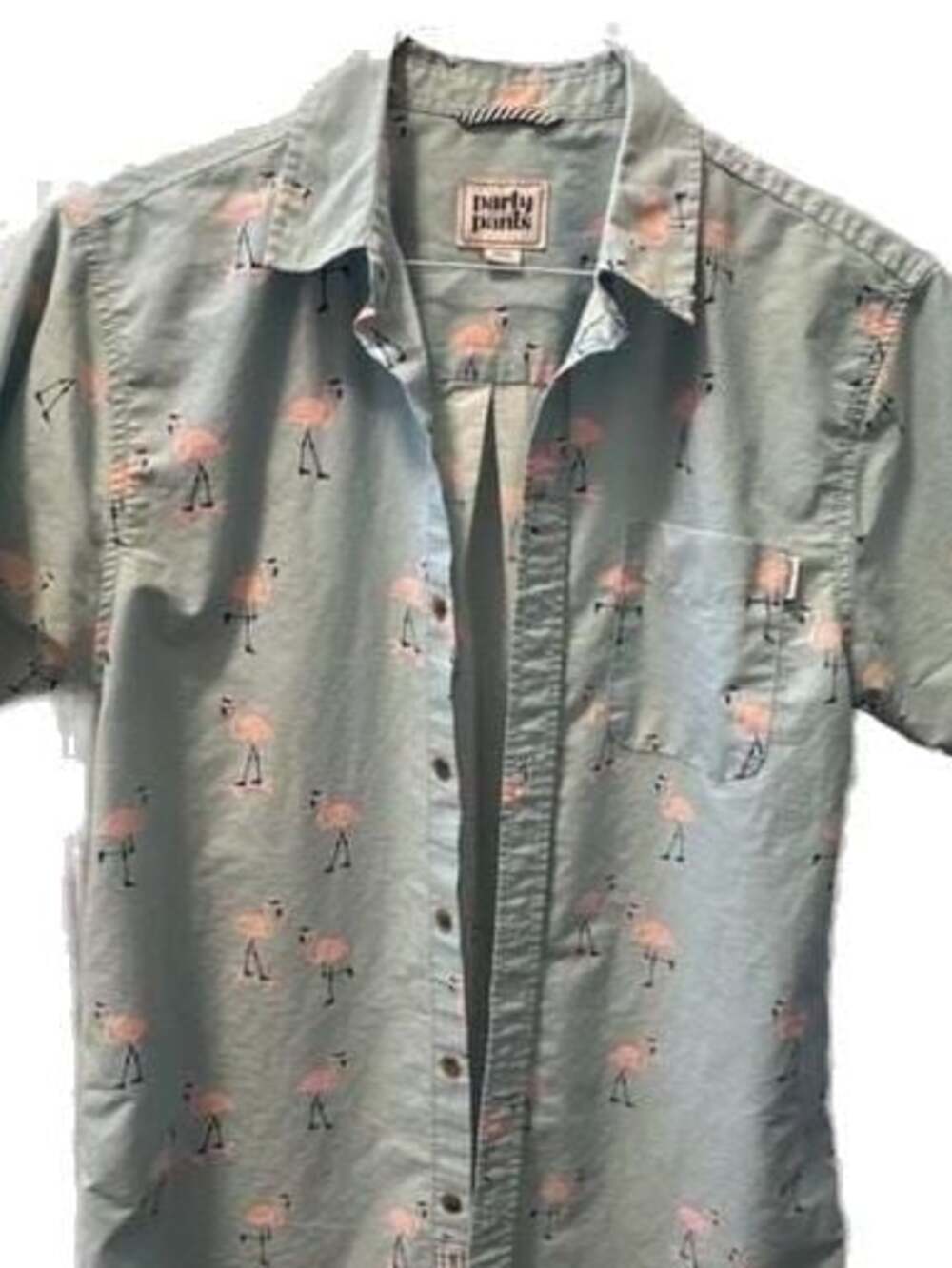 Party Pants Light Blue Flamingo Print Short Sleeve Button-Down Shirt size Small